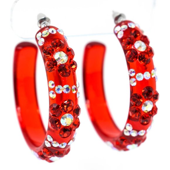 2" Flower Pattern Red Lucite Rhinestone Earrings - Picture 1 of 11